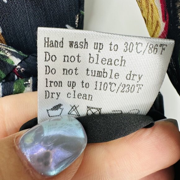 Lea & Viola Navy Blue Multicolor Floral Asymmetric Ruffle Sleeve Blouse Top L - Picture 9 of 9